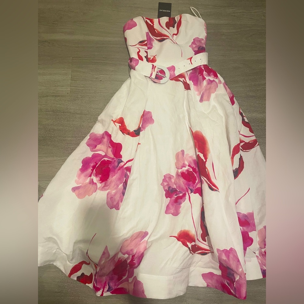 New NICHOLAS IVORY FLORAL Linen Blend Sia Strapless Midi Dress sz 2 - Picture 3 of 12